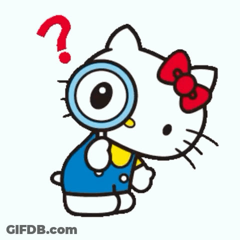 A Cartoon Of Hello Kitty Looking Through A Magnifying Glass With A Question Mark Above Her Head GIF