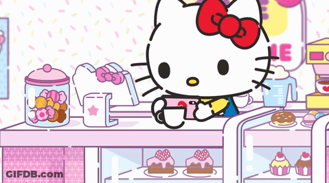 A Cartoon Of Hello Kitty Sitting At A Counter With A Cup Of Coffee GIF