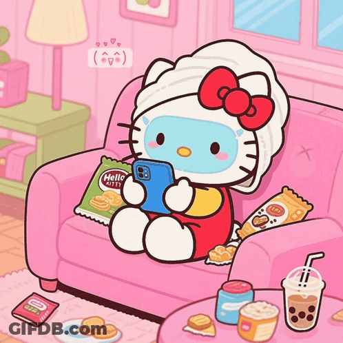 A Cartoon Of Hello Kitty Sitting On A Pink Couch Holding A Cell Phone GIF