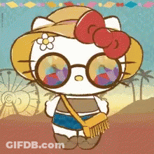 A Cartoon Of Hello Kitty Wearing Sunglasses And A Straw Hat GIF