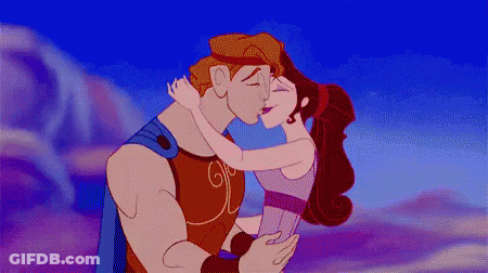 A Cartoon Of Hercules And Megara Kissing In The Sky GIF