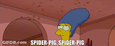 A Cartoon Of Homer Holding A Pig With The Words Spider-Pig Spider-Pig GIF