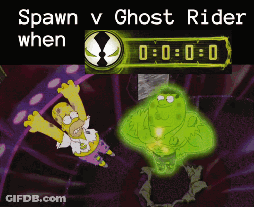 A Cartoon Of Homer Simpson And A Ghost With The Words Spawn V Ghost Rider Below GIF