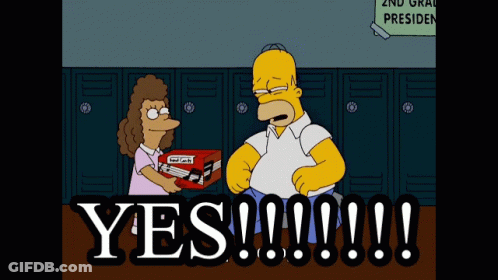 A Cartoon Of Homer Simpson And A Girl Holding A Box That Says Yes !!! GIF