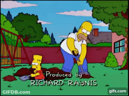 A Cartoon Of Homer Simpson And Bart Digging In A Yard GIF