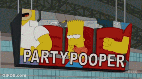 A Cartoon Of Homer Simpson And Bart Simpson On A Billboard That Says Party Pooper GIF