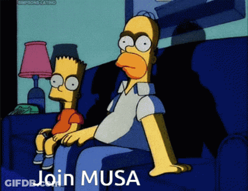 A Cartoon Of Homer Simpson And Bart Simpson Sitting On A Couch With The Words Join Musa Written Below Them GIF