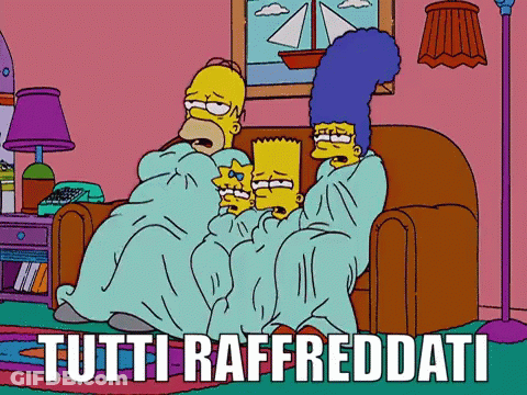 A Cartoon Of Homer Simpson And Bart Simpson Sitting On A Couch With The Words Tutti Raffreddati Above GIF