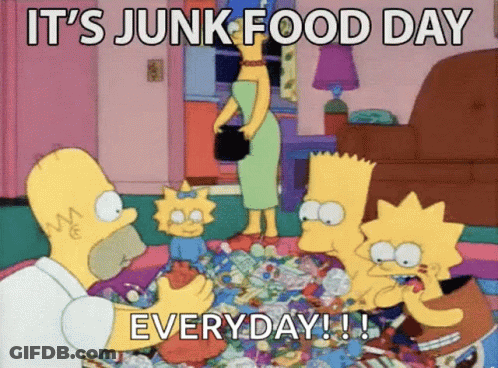 A Cartoon Of Homer Simpson And His Family Eating Junk Food GIF