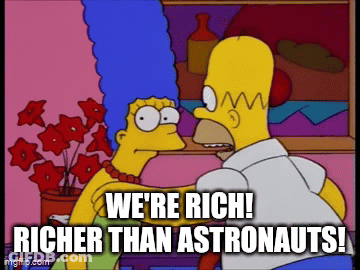 A Cartoon Of Homer Simpson And Marge Simpson Saying " We 'Re Rich " GIF