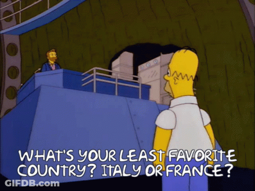 A Cartoon Of Homer Simpson Asking What 'S Your Least Favorite Country In Italy Or France GIF
