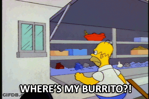 A Cartoon Of Homer Simpson Asking Where Is His Burrito GIF