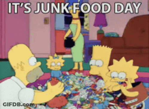 A Cartoon Of Homer Simpson Bart And Lisa Eating Junk Food GIF