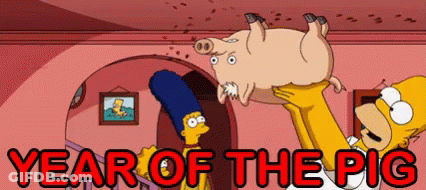 A Cartoon Of Homer Simpson Carrying A Pig With The Year Of The Pig Written Below It GIF