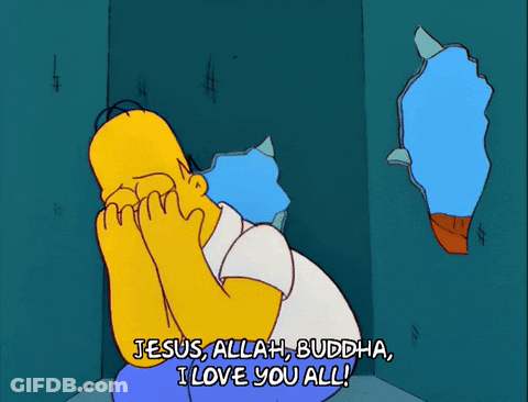 A Cartoon Of Homer Simpson Covering His Face With His Hands And Saying " Jesus Allah Buddha I Love You All " GIF