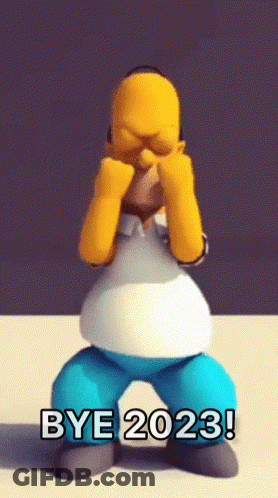 A Cartoon Of Homer Simpson Covering His Face With His Hands And The Words Bye 2023 Below Him GIF