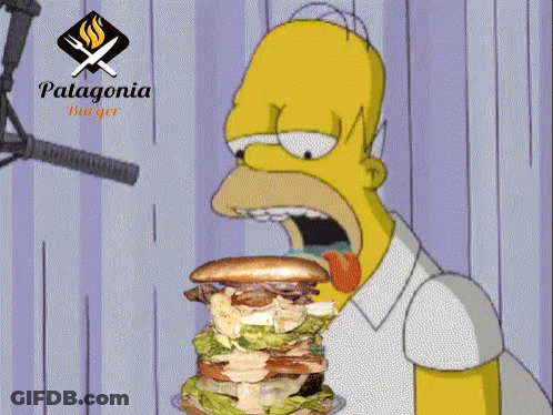 A Cartoon Of Homer Simpson Eating A Hamburger With Patagonia Burger In The Background GIF