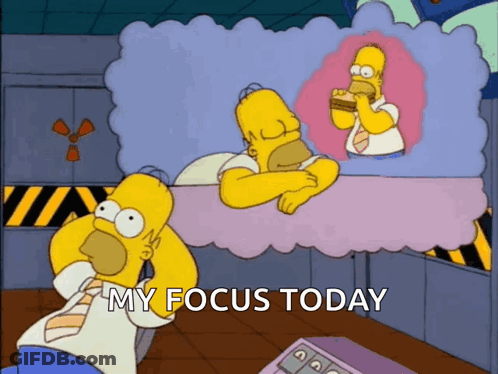 A Cartoon Of Homer Simpson Eating A Hamburger With The Words My Focus Today Above Him GIF