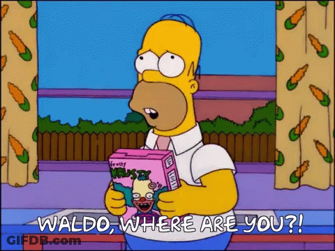 A Cartoon Of Homer Simpson Holding A Box Of Waldo Where Are You GIF
