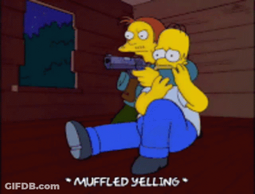 A Cartoon Of Homer Simpson Holding A Gun With Muffled Yelling Written Below Him GIF