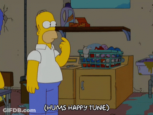 A Cartoon Of Homer Simpson Holding A Laundry Basket And Saying " Hums Happy Tune " GIF