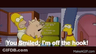 A Cartoon Of Homer Simpson Holding A Pig With The Words " You Smiled I 'M Off The Hook " GIF