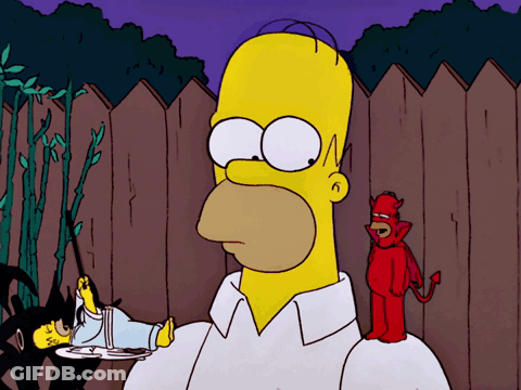 A Cartoon Of Homer Simpson Holding A Plate Of Food With A Devil In The Background GIF
