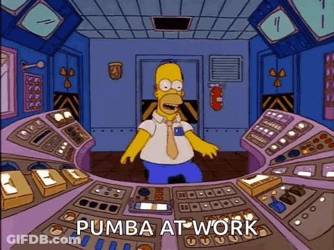 A Cartoon Of Homer Simpson In A Control Room With The Words Pumba At Work Above Him GIF