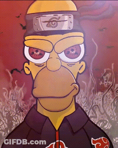 A Cartoon Of Homer Simpson Is Wearing A Black Jacket With A Red Cloud On It GIF