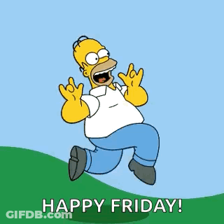 A Cartoon Of Homer Simpson Jumping In The Air With The Words `` Happy Friday '' Written Below Him . GIF
