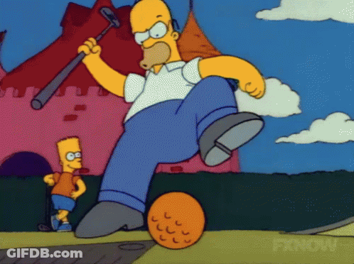 A Cartoon Of Homer Simpson Kicking An Orange Ball With Fxnow Written On The Bottom GIF