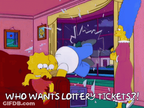 A Cartoon Of Homer Simpson Laying On A Couch With The Words " Who Wants Lottery Tickets " Below Him GIF