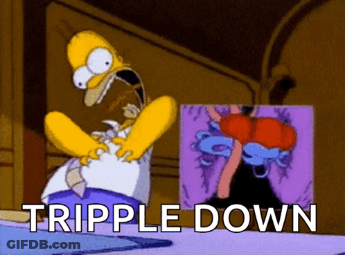 A Cartoon Of Homer Simpson Looking At A Picture With The Words " Tripple Down " Below Him GIF
