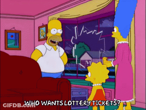 A Cartoon Of Homer Simpson , Marge Simpson And Lisa Simpson Talking About Lottery Tickets . GIF