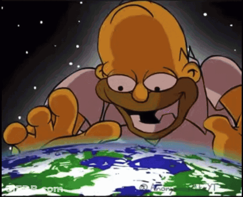 A Cartoon Of Homer Simpson Reaching Out Over The Earth GIF