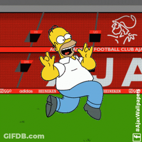 A Cartoon Of Homer Simpson Running In Front Of A Stadium That Says Ajax GIF