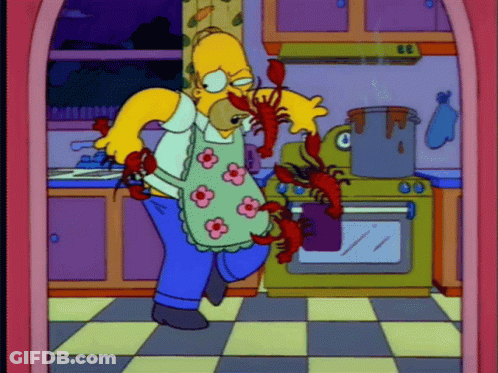 A Cartoon Of Homer Simpson Running With Lobsters In His Hand GIF