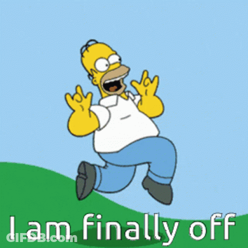 A Cartoon Of Homer Simpson Running With The Words I Am Finally Off Behind Him GIF