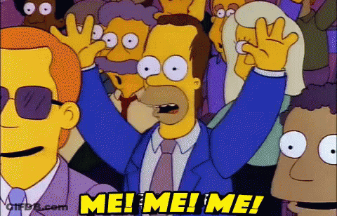 A Cartoon Of Homer Simpson Saying Me ! Me ! Me ! In Front Of A Crowd GIF