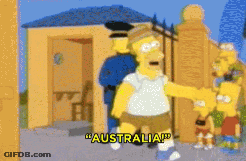 A Cartoon Of Homer Simpson Shaking Hands With Bart Simpson Saying Australia GIF