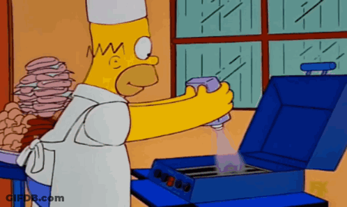 A Cartoon Of Homer Simpson Spraying Something On A Blue Grill GIF