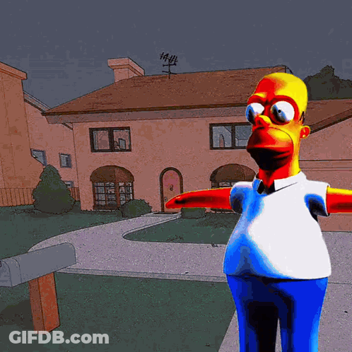 A Cartoon Of Homer Simpson Standing In Front Of A House With His Arms Outstretched GIF