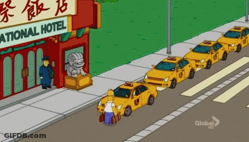 A Cartoon Of Homer Simpson Standing In Front Of A Row Of Yellow Taxis GIF