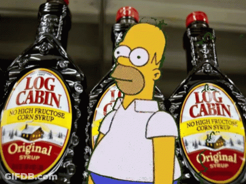 A Cartoon Of Homer Simpson Standing In Front Of Bottles Of Log Cabin Syrup GIF