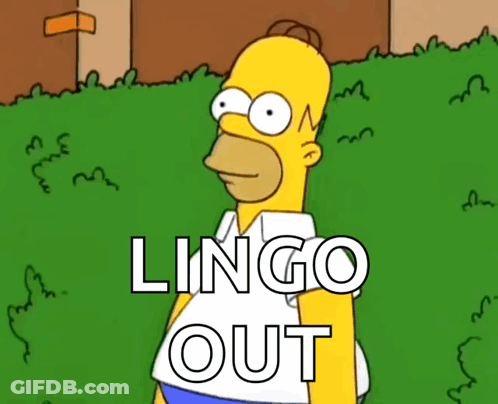 A Cartoon Of Homer Simpson Standing In The Grass With The Words Lingo Out Below Him GIF