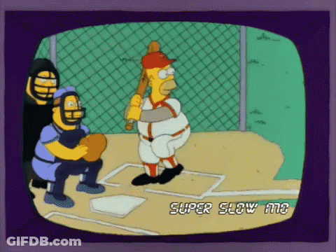 A Cartoon Of Homer Simpson Swinging A Baseball Bat With The Words Super Slow And On The Screen GIF