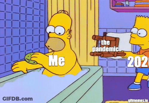 A Cartoon Of Homer Simpson Taking A Bath And Bart Holding A Wooden Stool That Says The Pandemic 2021 GIF