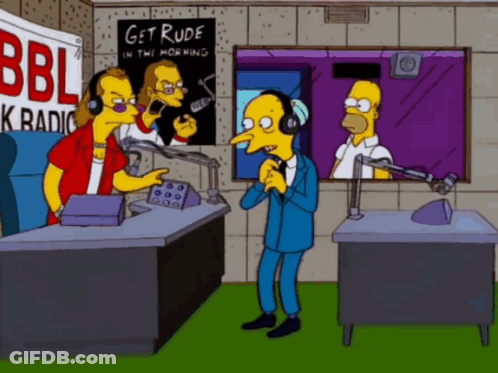 A Cartoon Of Homer Simpson Talking Into A Microphone In Front Of A Poster That Says Get Rude In The Morning GIF