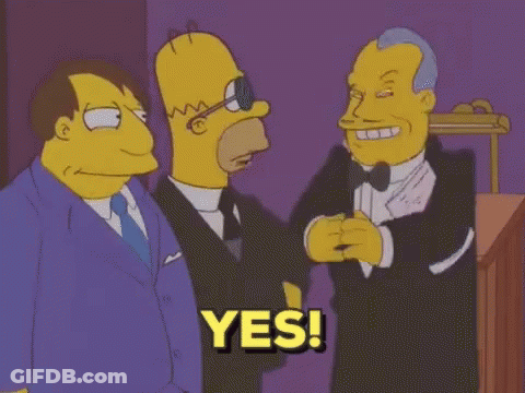 A Cartoon Of Homer Simpson Talking To A Man In A Tuxedo With The Word Yes On The Bottom GIF