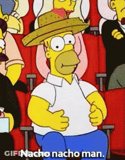 A Cartoon Of Homer Simpson Wearing A Cowboy Hat With The Words Nacho Nacho Man Above Him GIF